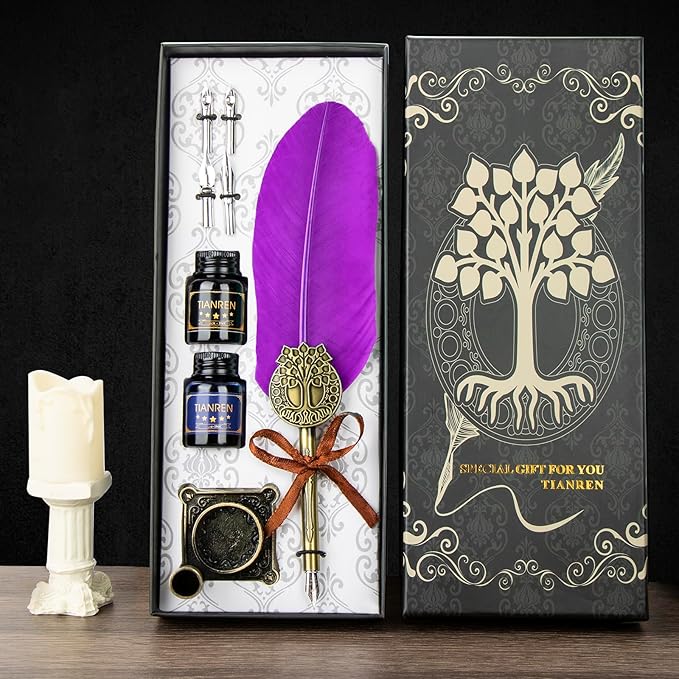 TIANREN Quill pen ink set,Feather Pen and Ink Set,Antique Calligraphy Pen with 4 Replaceable Nibs,2 Bottle of ink,Feather Dip Pen Holder Christmas Gift for Men&Women.(Purple)