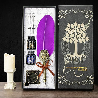 TIANREN Quill pen ink set,Feather Pen and Ink Set,Antique Calligraphy Pen with 4 Replaceable Nibs,2 Bottle of ink,Feather Dip Pen Holder Christmas Gift for Men&Women.(Purple)