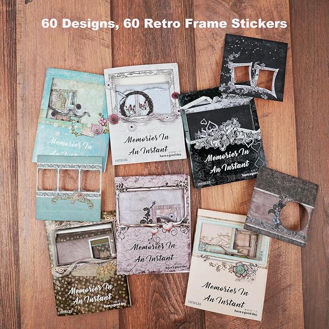 AuriicLeaf Retro Frame Cardstock Stickers, 60PCS Photo Window Designs - Vintage Square Collage Frames for Scrapbook Albums Diaries DIY Decor