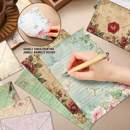 TaoBary 160 Pcs Stationery Paper Set 50 Double Sided Stationery Papers with 50 Matching Envelopes and 60 Round Dot Sticker, 10 Design(Vintage Floral,5.5 x 8.25 Inch)
