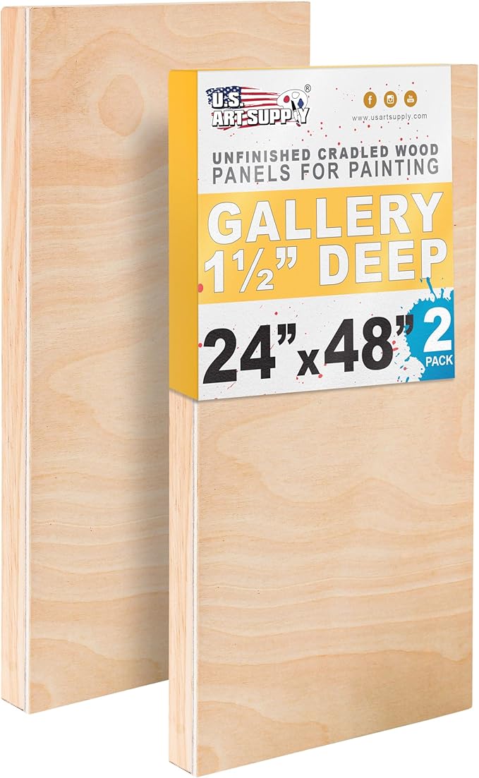 U.S. Art Supply 24" x 48" Unfinished Cradled Wood Panels for Painting, Gallery 1-1/2" Deep (2 Pack) - Artist Depth Wooden Wall Canvases - Mixed-Media Craft, Acrylic, Oil, Encaustic, Paint Pouring