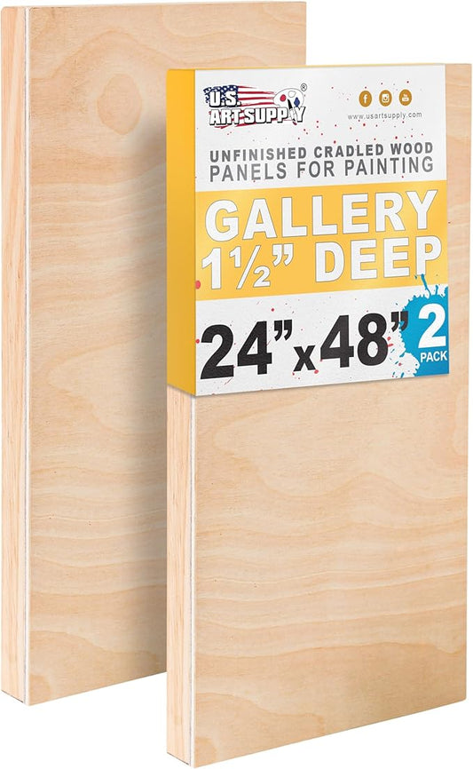 U.S. Art Supply 24" x 48" Unfinished Cradled Wood Panels for Painting, Gallery 1-1/2" Deep (2 Pack) - Artist Depth Wooden Wall Canvases - Mixed-Media Craft, Acrylic, Oil, Encaustic, Paint Pouring