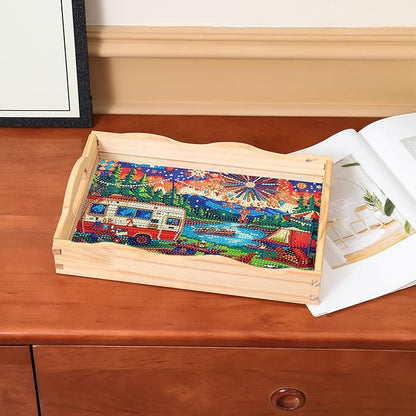 DOTSOPS 5D Diamond Art Kits for Adults Wooden Serving Tray with Handle Special Diamond Painting Plate Big Gem Dots Paint by Numbers Crafts Kits for Living Room Carnival 7.8x11.8 Inches