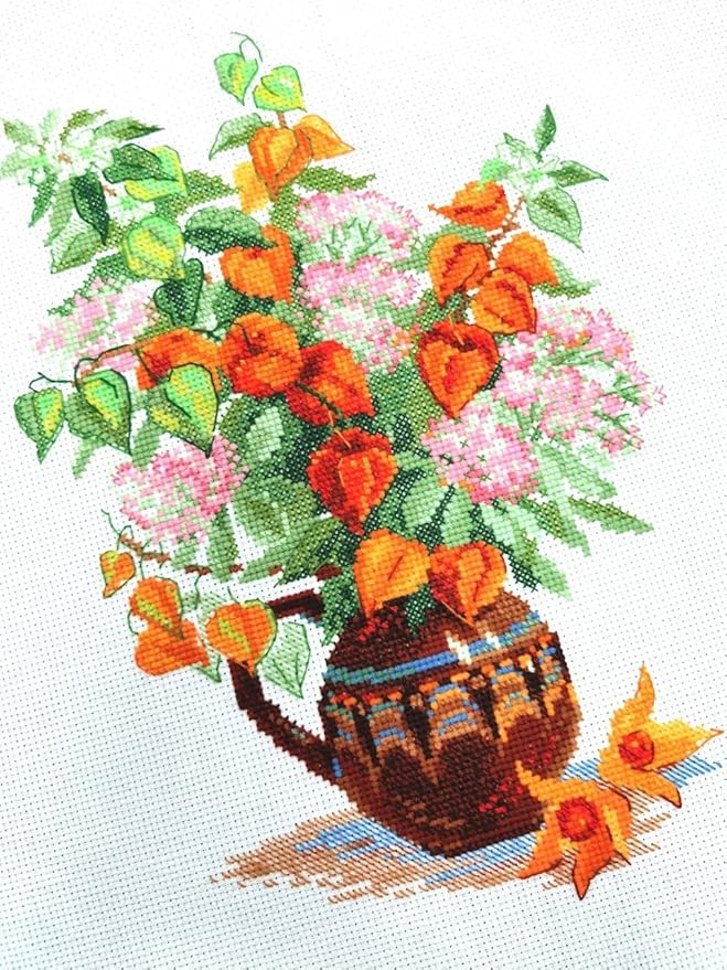 RIOLIS - Bouquet with Physalis 2086, Cross Stitch Kits 8¼" x 11¾", Cross Stitch Kits for Beginners & Advanced, Crossstitching Kit Adult, Embroidery Counted Stitching Kit