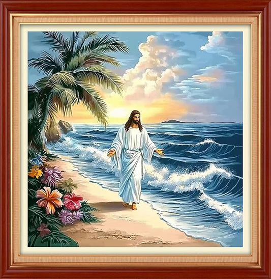 Foxhool Stamped Cross Stitch Kits,11CT Printed Cross Stitch Pattern Full Embroidery Kits for Beginner Needlepoint Kits&Jesus by The Sea 18x18 inch