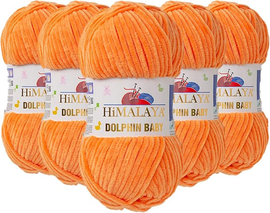 5 Skein/Pack Himalaya Dolphin Baby Chenille Yarn, Each Ball 100 gr (3.5 oz), 120 m (132 Yards), 100% Polyester, Super Bulky Baby Blanket Velvet Amigurumi Yarn, 80316 - Orange