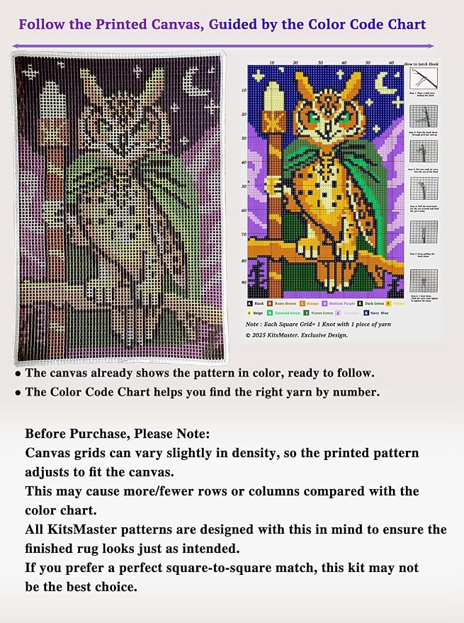 KitsMaster Owl Wizard Latch Hook Kit – Pre-Printed Canvas, Color-Coded Yarn, Starry Night Rug Craft for Adults & Beginners, 23.6''x15.8'' (Whimsical Forest Watcher)
