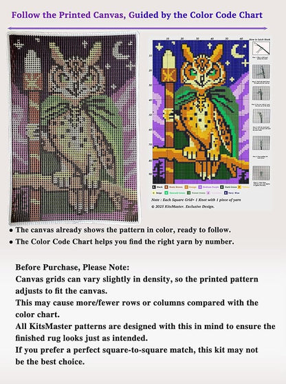 KitsMaster Owl Wizard Latch Hook Kit – Pre-Printed Canvas, Color-Coded Yarn, Starry Night Rug Craft for Adults & Beginners, 23.6''x15.8'' (Whimsical Forest Watcher)
