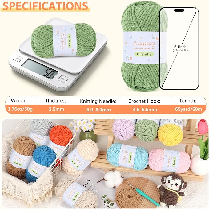 Coopay Chenille Yarn for Crocheting/Knitting, 8 Pack Medium Worsted Weight Yarn of 50g/1.76oz - Total 520yd, Soft Velvet Crochet Yarns for Plush Toys, Baby Blankets, Scarves (Green)