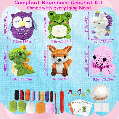 6PCS Crochet Kit for Beginners, Beginners Knitting Kit for Adults, Cute Animals Complete Starter Kit with Step-by-Step Video Tutorials and Instructions, Christmas Gifts for Adults and Friends