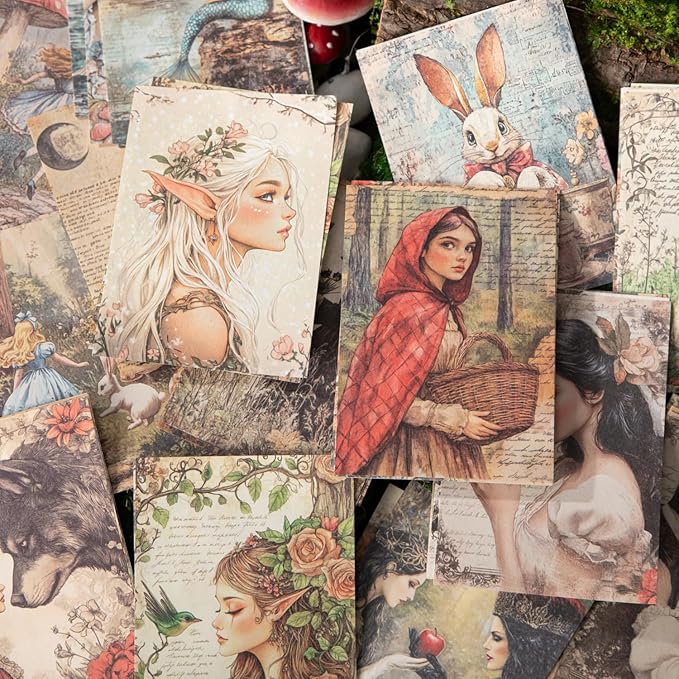 Vintage Fairy Tale Decoupage Scrapbook Paper Set – 180 Sheets Fantasy Cryptid Witch, Mermaid, Princess Journal Craft Paper Ephemera Pack for Collage, Junk Journal, Art Projects
