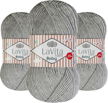 LaVita Baby Premium Anti-Pill Acrylic Yarn - 820 Yards, 3 x 3.5 oz - Warm, Airy Fiber with Silky Texture - Oeko-TEX Certified, Durable, Lightweight, Long-Lasting, Solid Pastel Colors - 3 Skeins Pack