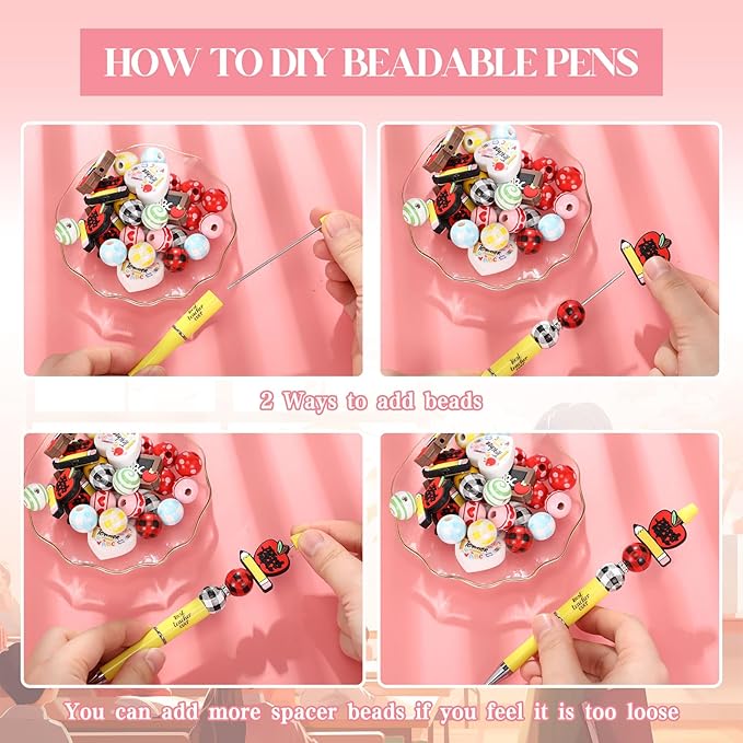 Geyee 12 Set Plastic Beadable Pens Assorted Bead Pens Crystal Wood Round Spacer Set Black Ink DIY Ballpoint for Women Men Gift Office Supplies(Teacher)