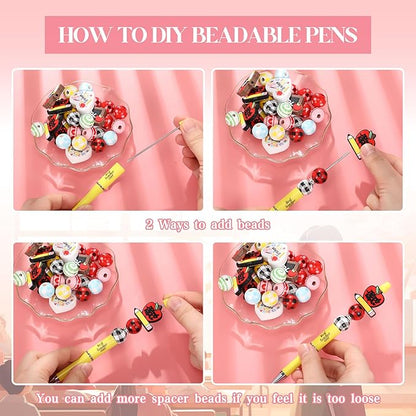 Geyee 12 Set Plastic Beadable Pens Assorted Bead Pens Crystal Wood Round Spacer Set Black Ink DIY Ballpoint for Women Men Gift Office Supplies(Teacher)