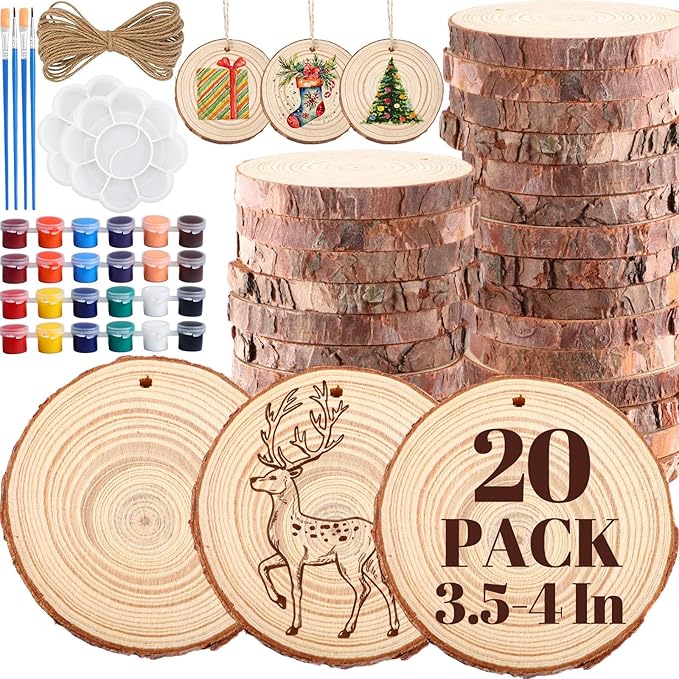 Kathfly 20 Pcs Unfinished Wood Slices with Hole for Centerpieces 3.5-4 Inch Natural Wood Craft Kits Round Wooden Discs with Paints Brushes Palettes for DIY Craft Christmas Ornaments Wedding Home Decor