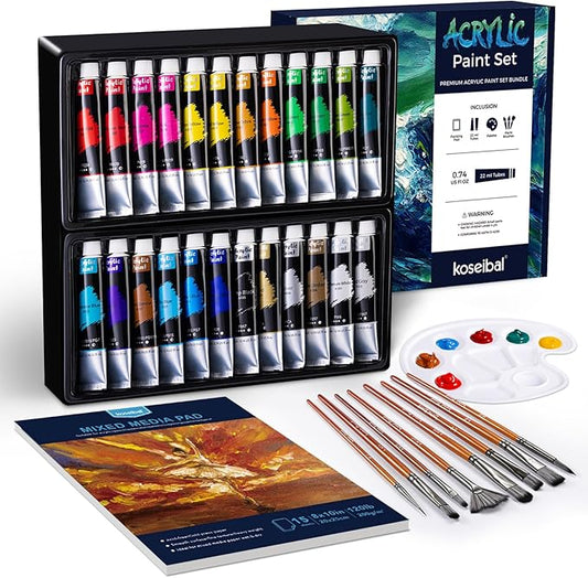 koseibal Acrylic Paint Set - Art Painting Supplies Kit for Kids & Adults with 24x22ml Acrylic Paints, 8 Brushes, 1 Painting Pad & Palette - Idea Gift Painting Kit for Student