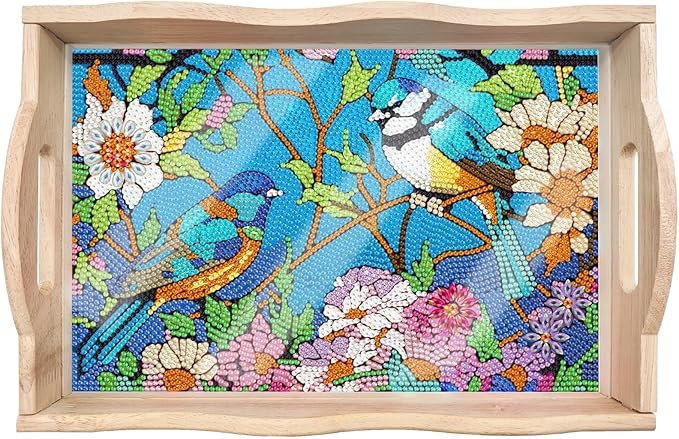 DIY Diamond Art Wooden Tray Kit With Handle, Food Tray for Breakfast, Bar Dinner Table Decoration, Diamond Dots Gem Painting Art Set for Beginners (#02-Birds)