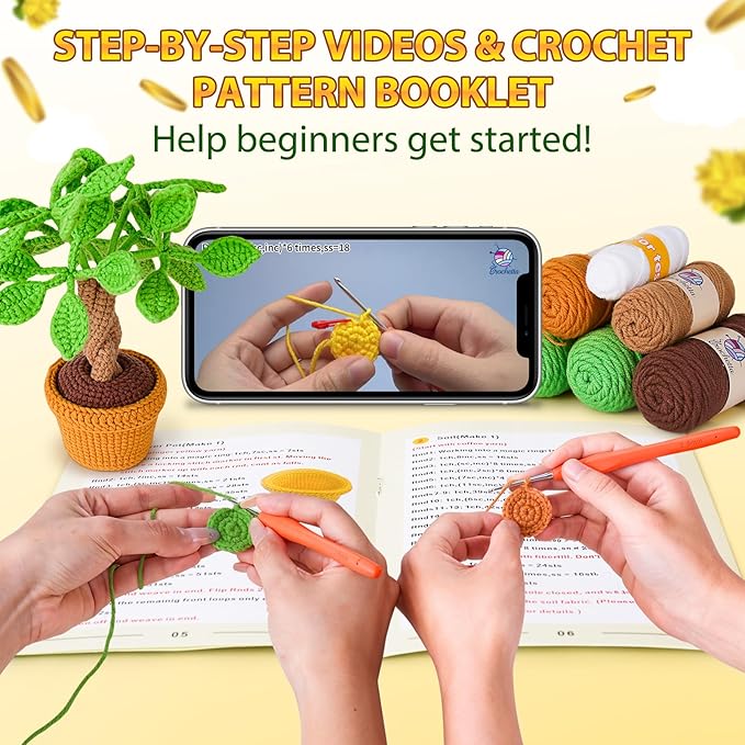 Crochetta Crochet Kit for Beginners, Beginner Crochet Kits for Adults with Step-by-Step Video Tutorials, DIY Knitting & Crocheting Craft Hobbies Supplies, Money Tree Amigurumi(40%+ Yarn)