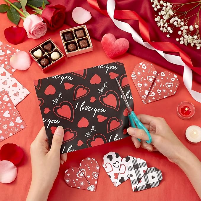 Fainne 40 Sheet 12 x 12 Inch Valentine‘S Day Scrapbook Paper Double Sided Scrapbook Specialty Paper Black Red Heart Love Printed for DIY Handmade Crafting Home Party Decor Card Making