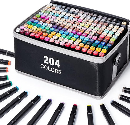 Hopesky 204 Colors Alcohol Markers - Dual Tip Permanent Art Markers Set for Coloring Drawing Painting, Fine and Chisel Tip Alcohol Based Pens with Carrying Case for Adult Artists
