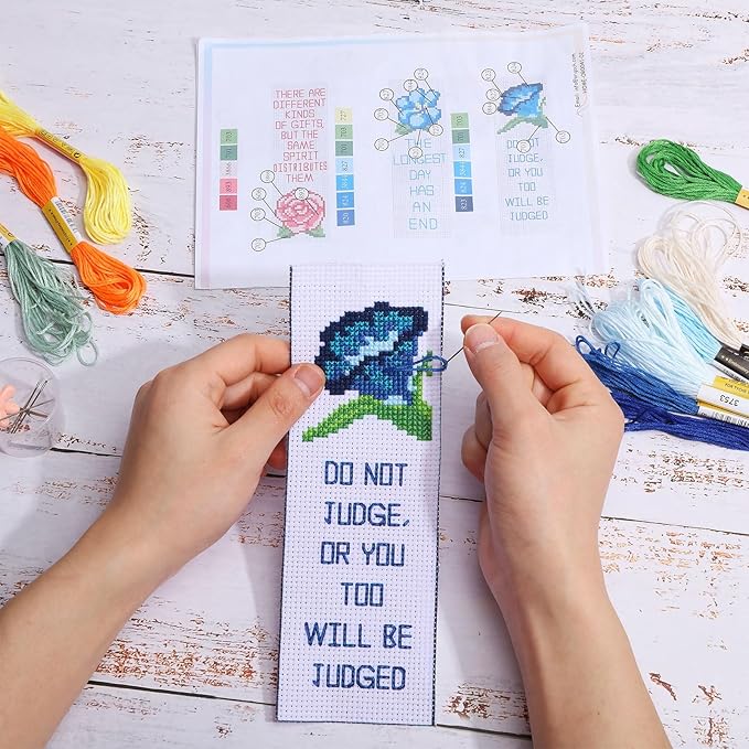 ORIGACH 6 Set Cross Stitch Bookmark Kit for Beginner Flower and Bible Verse Pattern DIY Stamped Embroidery Bookmark Kit with 19 Colors Embroidery Floss Instructions 8''x2.4''