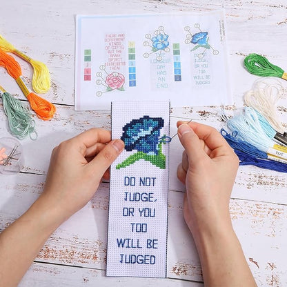 ORIGACH 6 Set Cross Stitch Bookmark Kit for Beginner Flower and Bible Verse Pattern DIY Stamped Embroidery Bookmark Kit with 19 Colors Embroidery Floss Instructions 8''x2.4''