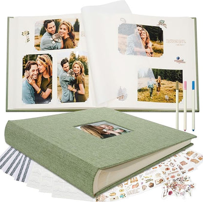 Vienrose Premium Scrapbook Photo Album with Writing Space 12"x12", DIY Scrapbook Album with 60 Pages, Large Photo Book for Baby Family Travel Vacation, Valentine Gift Green