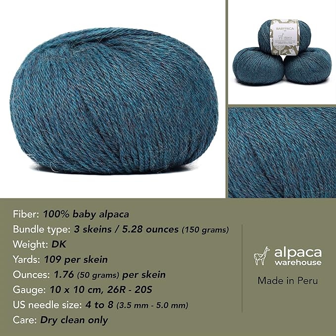 100% Baby Alpaca Yarn Wool Set of 3 Skeins (150 Grams) DK Weight - Made in Peru - Heavenly Soft and Perfect for Knitting and Crocheting (Aqua Blue, DK)