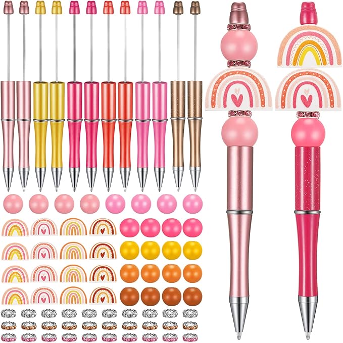 Geyee 12 Set Plastic Beadable Pens Assorted Bead Pens Crystal Wood Round Spacer Set Black Ink DIY Ballpoint for Women Men Gift Office Supplies(Rainbow)