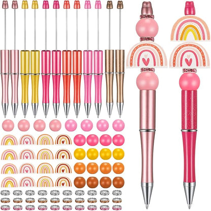 Geyee 12 Set Plastic Beadable Pens Assorted Bead Pens Crystal Wood Round Spacer Set Black Ink DIY Ballpoint for Women Men Gift Office Supplies(Rainbow)