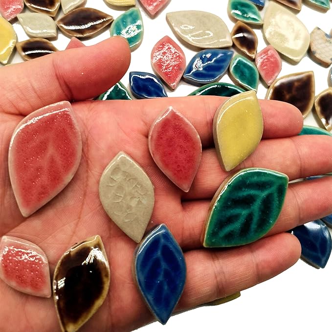Glazed Ceramic Mosaic Tiles for Crafts, 1.1lb Leaf Petal Tiles for Mosaic Crafts, Assorted Porcelain Ceramic Tiles for Mosaic Making Kits Art Projects and Outdoor Decorations