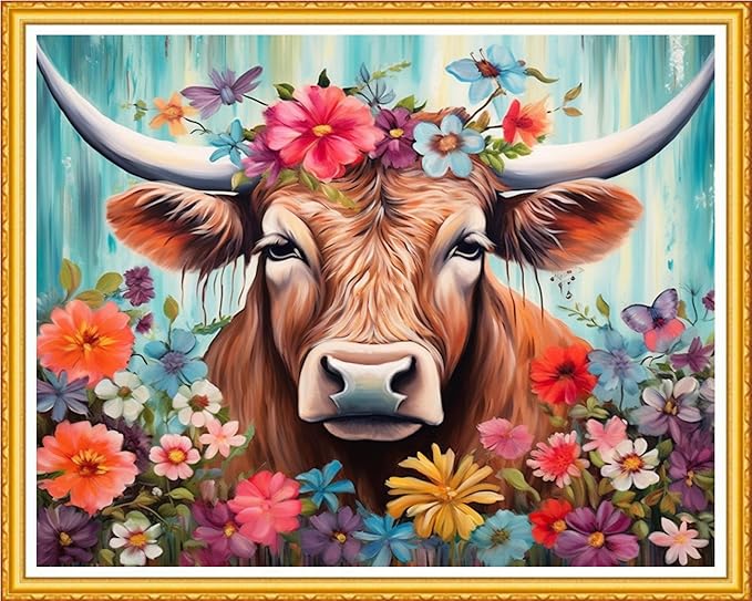 DMCVIVR Stamped Cross Stitch Kits for Beginners Adults Needlepoint Kits for Beginners Embroidery Kits for Adults Crossstitch Kit for Beginners 11CT-Flower Cattle 16x20 inch
