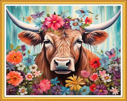 DMCVIVR Stamped Cross Stitch Kits for Beginners Adults Needlepoint Kits for Beginners Embroidery Kits for Adults Crossstitch Kit for Beginners 11CT-Flower Cattle 16x20 inch