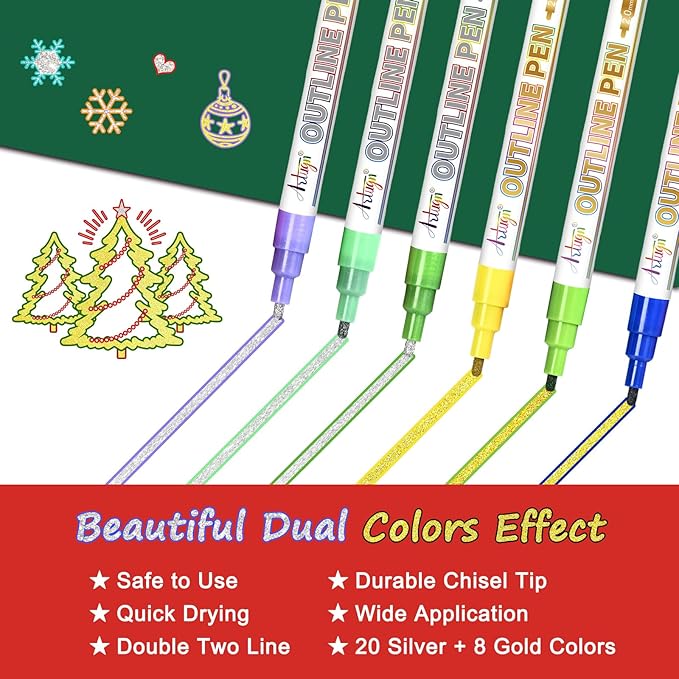 Artugn Glitter Markers Outline Pens, Christmas Stocking Stuffers 12-16 Year Old, 28 Pack Gold and Silver Shimmer Metallic Marker Arts Crafts Supplies for Birthday Gifts