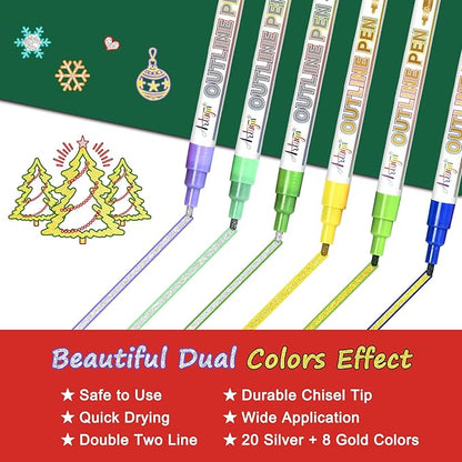 Artugn Glitter Markers Outline Pens, Christmas Stocking Stuffers 12-16 Year Old, 28 Pack Gold and Silver Shimmer Metallic Marker Arts Crafts Supplies for Birthday Gifts