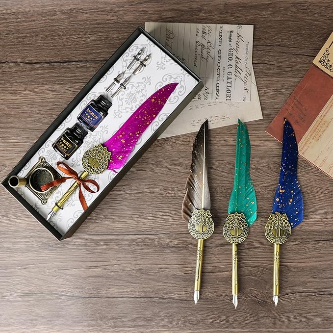 TIANREN Feather Pen and Ink Set,quill pen ink set,Antique Calligraphy Pen with 4 Replaceable Nibs,2 Bottle of ink,Pen Holder Christmas Gift for Men&Women.(Purple)