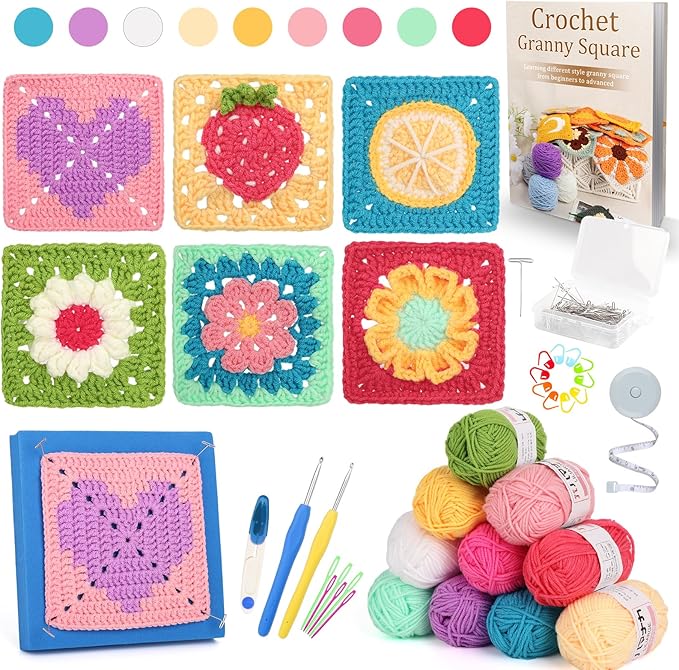 Katech Crochet Kit for Adults - Fruits & Floral Granny Square Set With Blocking Mat, Book - Advanced Beginner Learn to Crochet Granny Squares (GRP D)