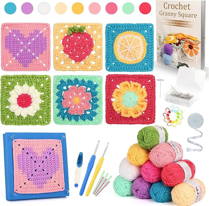 Katech Crochet Kit for Adults - Fruits & Floral Granny Square Set With Blocking Mat, Book - Advanced Beginner Learn to Crochet Granny Squares (GRP D)