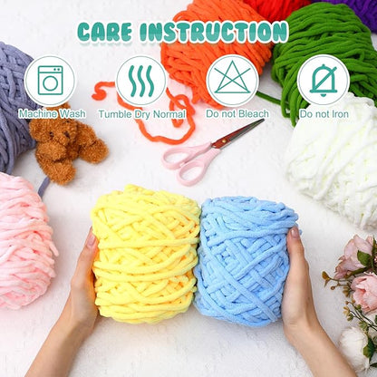 Buryeah 12 Pack Chunky Chenille Yarn for Crocheting Soft Thick Fluffy Yarn for Hand Knitting Bulky Velvet Blanket Plush for Weaving DIY Crafts Each 3.5 oz 55 Yards (Classic Colors)
