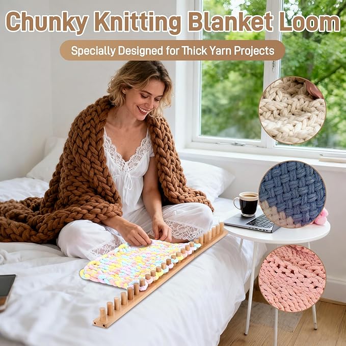 Sienson 63" Chunky Knitting Loom for Blanket Making – Adjustable Wood Frame, Portable DIY Hand Knitting Kit for Beginners, Reusable Blanket Loom for Bulky Yarn Crafts & Gifts
