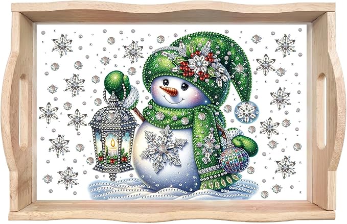 DIY Diamond Art Painting Wooden Tray Kit, Food Tray with Handle Diamond Painted Table Decoration Tray, for Breakfast, Bar Dinner Table Diamond Dots Gem Painting Art Set for Beginners-Snowman3
