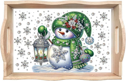 DIY Diamond Art Painting Wooden Tray Kit, Food Tray with Handle Diamond Painted Table Decoration Tray, for Breakfast, Bar Dinner Table Diamond Dots Gem Painting Art Set for Beginners-Snowman3