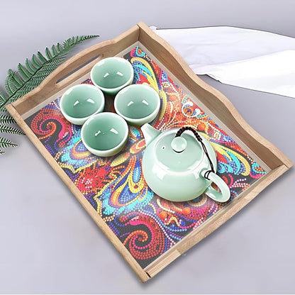 DIY Art Painting Wooden Tray Kit, Food Tray with Handle Diamond Painted Table Decoration Tray, for Breakfast, Bar Dinner Table Diamond Dots Gem Painting Art Set for Beginners (#28-Butterfly)