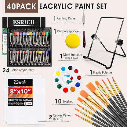 ESRICH 40PCS Acrylic Paint Set, Art Painting Supplies Kit with 24 Paints, 2 Canvas Panels,10 Brushes, Table Metal Easel Etc, Premium Paint Set for Students, Artists and Beginner