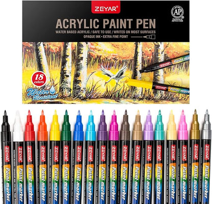 ZEYAR Premium Acrylic Paint Pen, Water Based, Extra Fine Point, 18 Colors, Odorless, Acid Free and Safe, Opaque Ink, Environmental Friendly, AP Certified