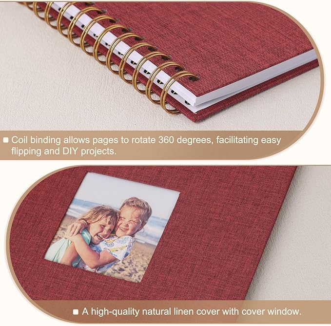 Scrapbook Photo Album 8x8 Inches 40 Pages Hardcover Kraft Paper Linen Cover Scrap Book Memory Book DIY Scrapbook Albums for Wedding Baby Boyfriend Travel Anniversary Family, Red