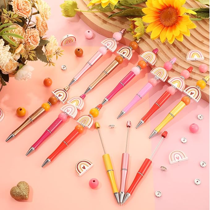 Geyee 12 Set Plastic Beadable Pens Assorted Bead Pens Crystal Wood Round Spacer Set Black Ink DIY Ballpoint for Women Men Gift Office Supplies(Rainbow)