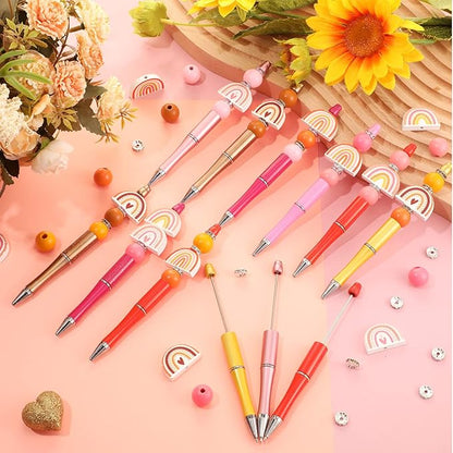 Geyee 12 Set Plastic Beadable Pens Assorted Bead Pens Crystal Wood Round Spacer Set Black Ink DIY Ballpoint for Women Men Gift Office Supplies(Rainbow)