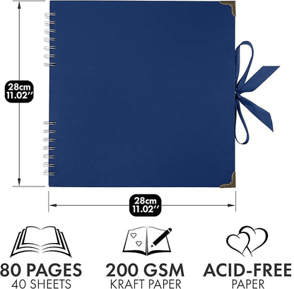 Bstorify Square Scrapbook Photo Albums 80 Pages (11 x 11 Inch) Blue Thick Paper, Hardcover, Ribbon Closure - Ideal for Your Scrapbooking Albums, Art & Craft Projects (Blue, 11 x 11 Inch)