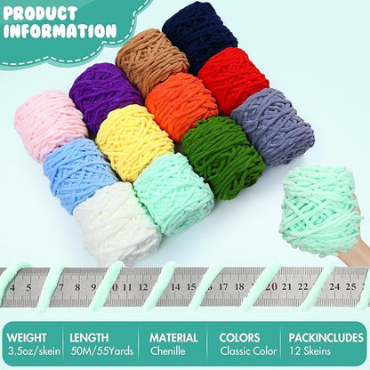 Buryeah 12 Pack Chunky Chenille Yarn for Crocheting Soft Thick Fluffy Yarn for Hand Knitting Bulky Velvet Blanket Plush for Weaving DIY Crafts Each 3.5 oz 55 Yards (Classic Colors)